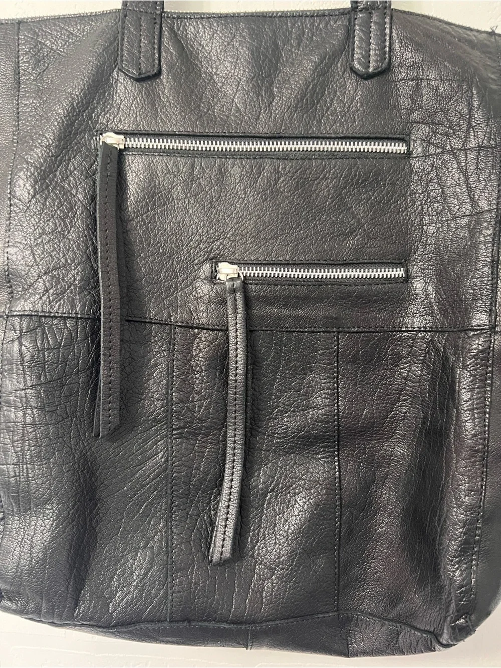 Day & Mood Anthropologie Heather Black Leather Moto Tote Bag Front Zip Pockets